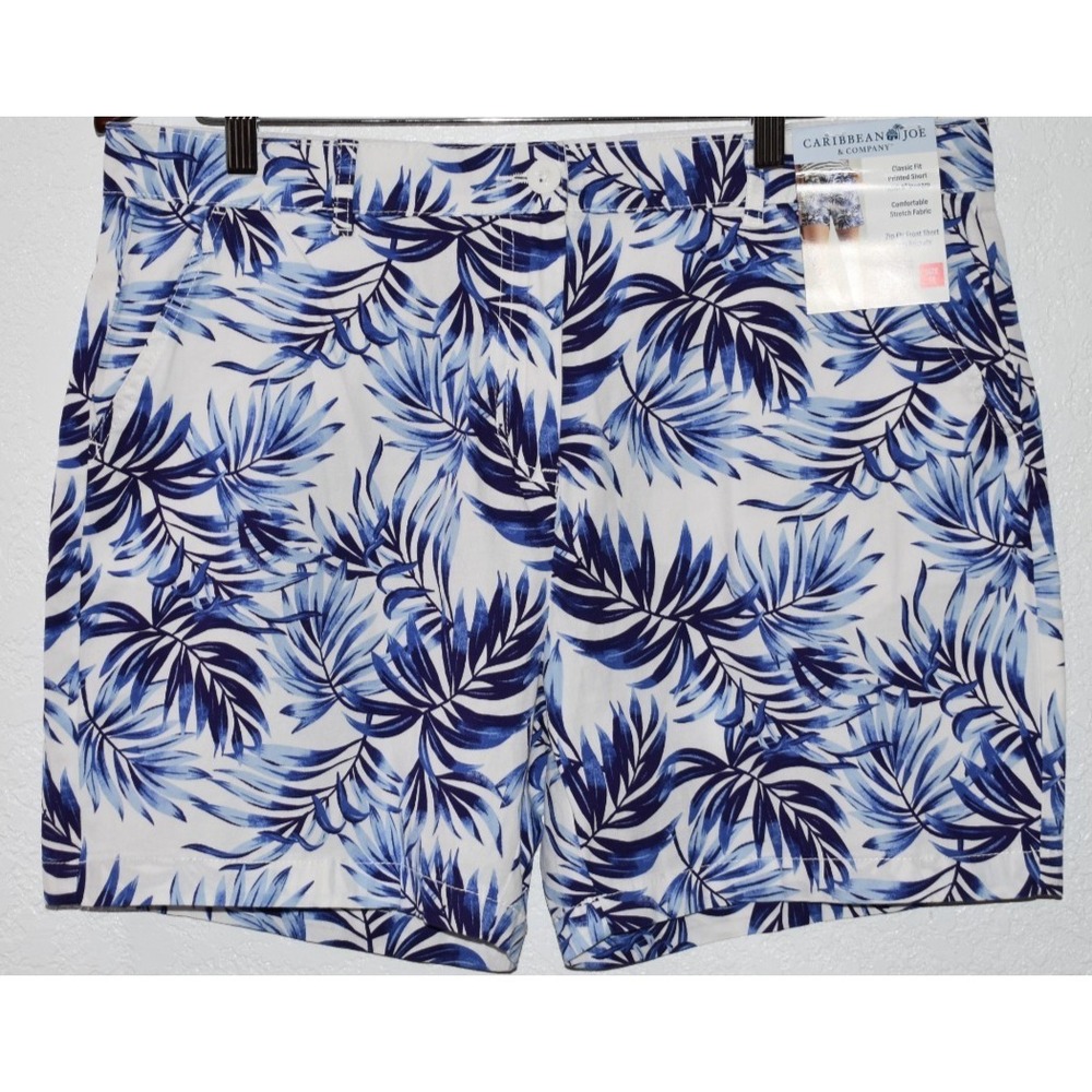 Caribbean Joe Shorts 14 Comfortable Stretch Blue Floral Tropical Leaves Pockets